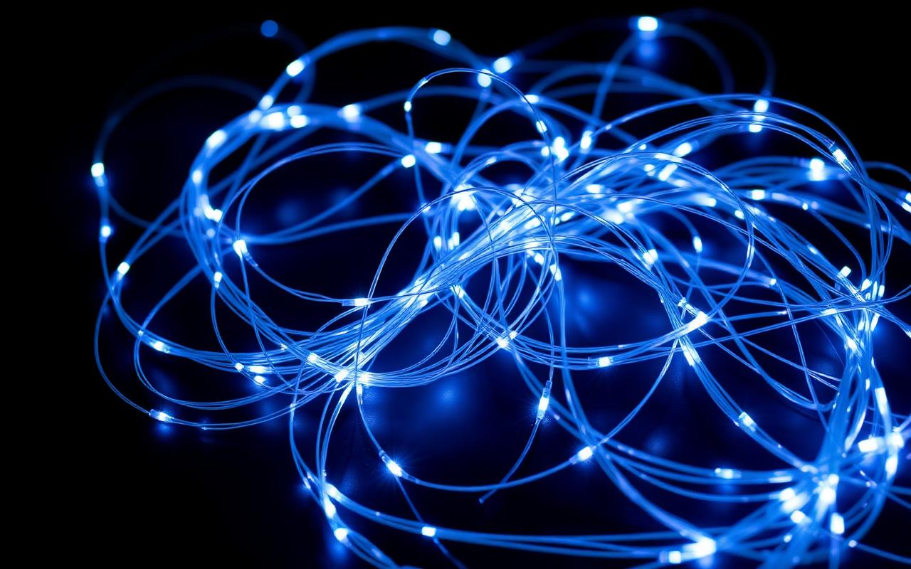 A complex tangled bundle of glowing blue fiber optic cables on a dark surface A complex tangled bundle of glowing blue fiber optic cables on a dark surface