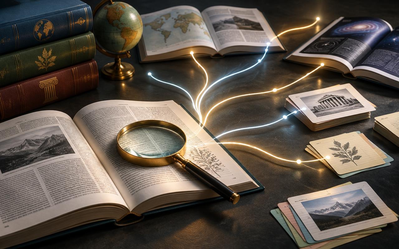 Open sources and a magnifying glass connected by branching research paths Open sources and a magnifying glass connected by branching research paths