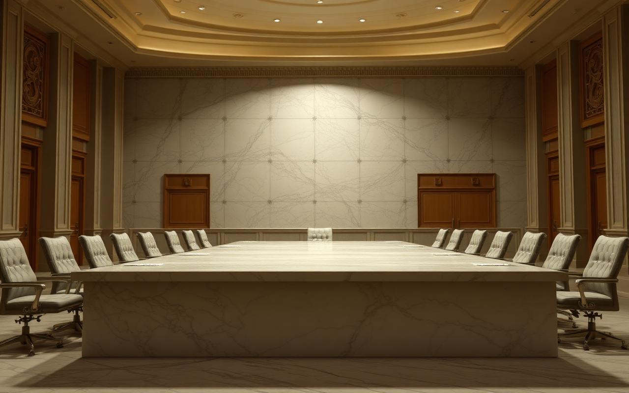 An empty marble negotiating table in a vast formal hall with a single overhead light suggesting international governance An empty marble negotiating table in a vast formal hall with a single overhead light suggesting international governance