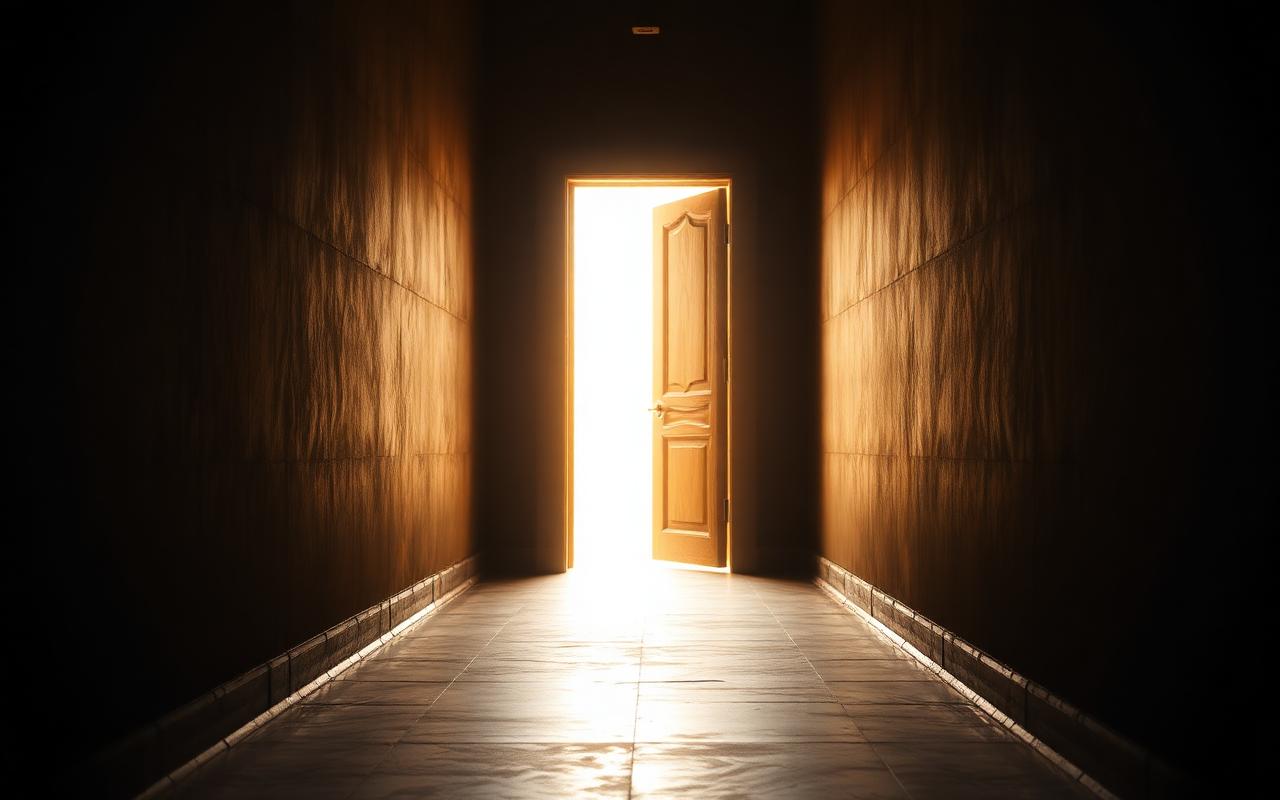 A narrow open doorway at the end of a long dark corridor with a sliver of bright warm light streaming through A narrow open doorway at the end of a long dark corridor with a sliver of bright warm light streaming through