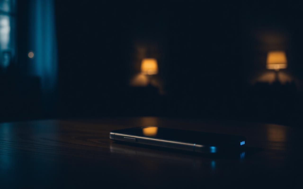 A dimly lit room with a smartphone face-down on a wooden table and soft blue notification glow leaking from the edges