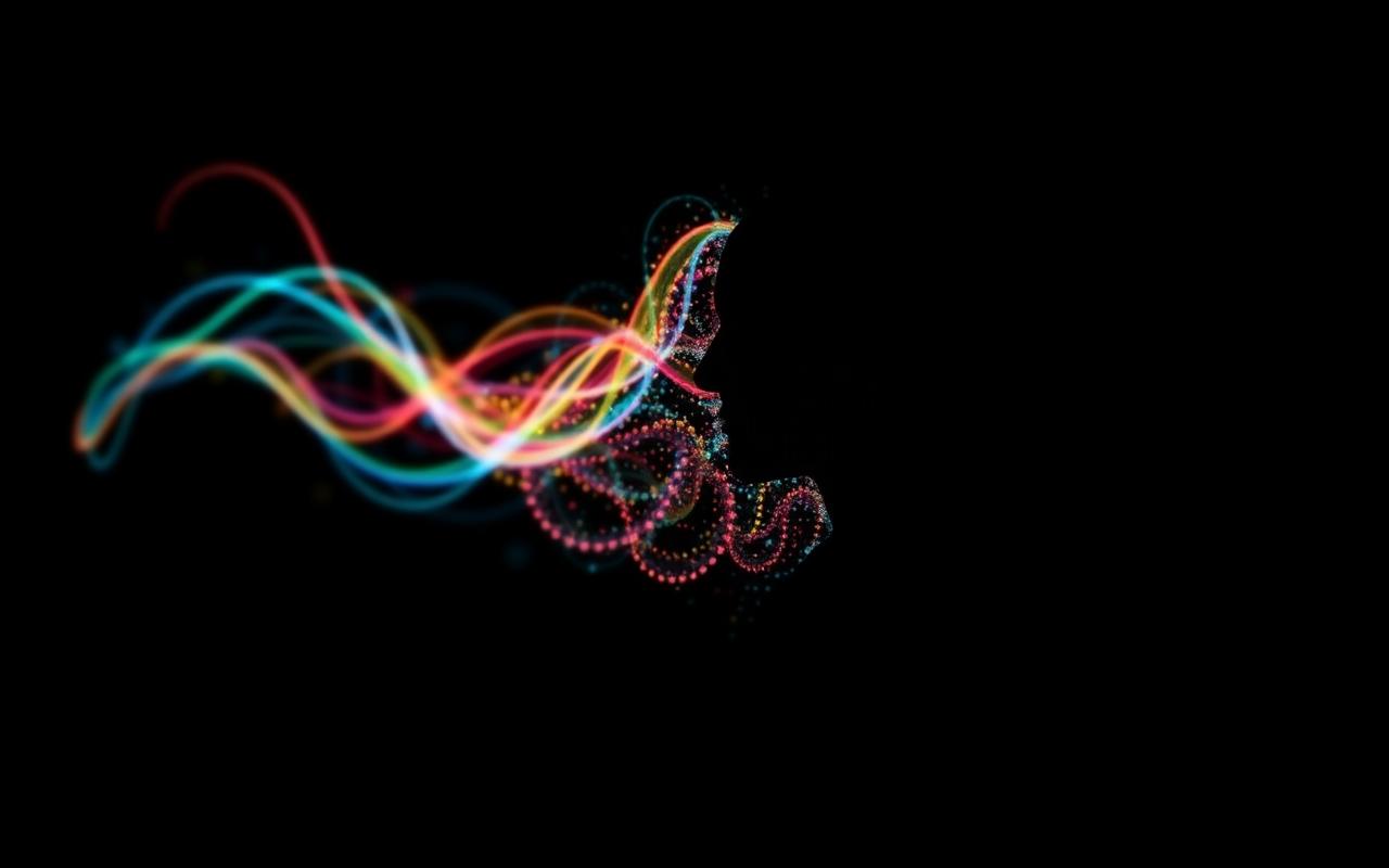 Abstract data visualization of flowing colored particle ribbons forming a profile silhouette dissolving into pixels on a dark background