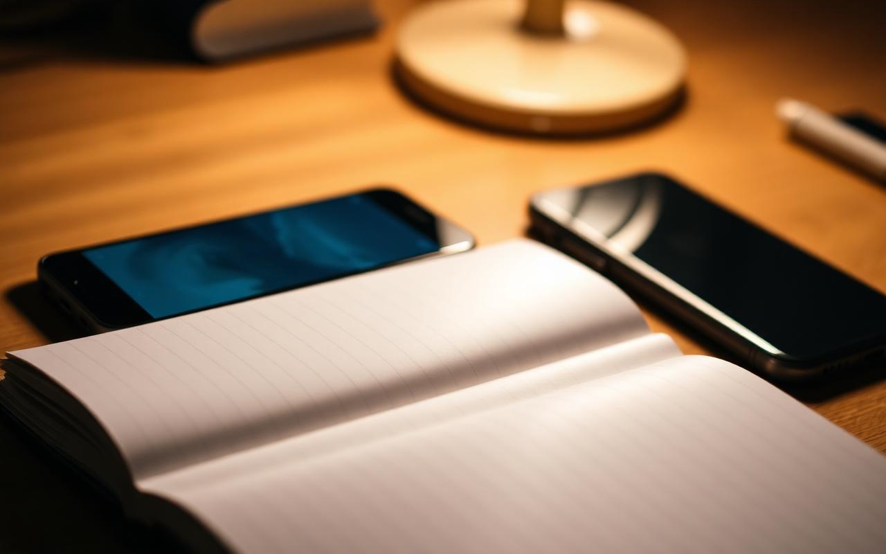 A close-up of an open notebook with a fountain pen beside a smartphone showing a soft blurred glow under warm lamp light