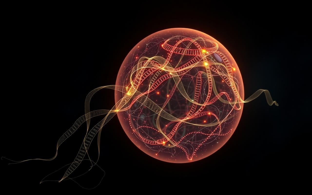 A luminous sphere wrapped in flowing data ribbons against a dark background