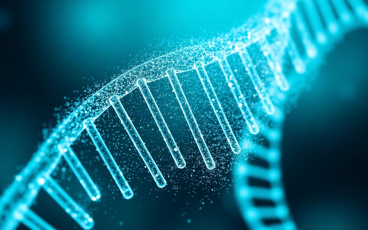 An abstract DNA double helix dissolving into pixels of light on a dark teal background