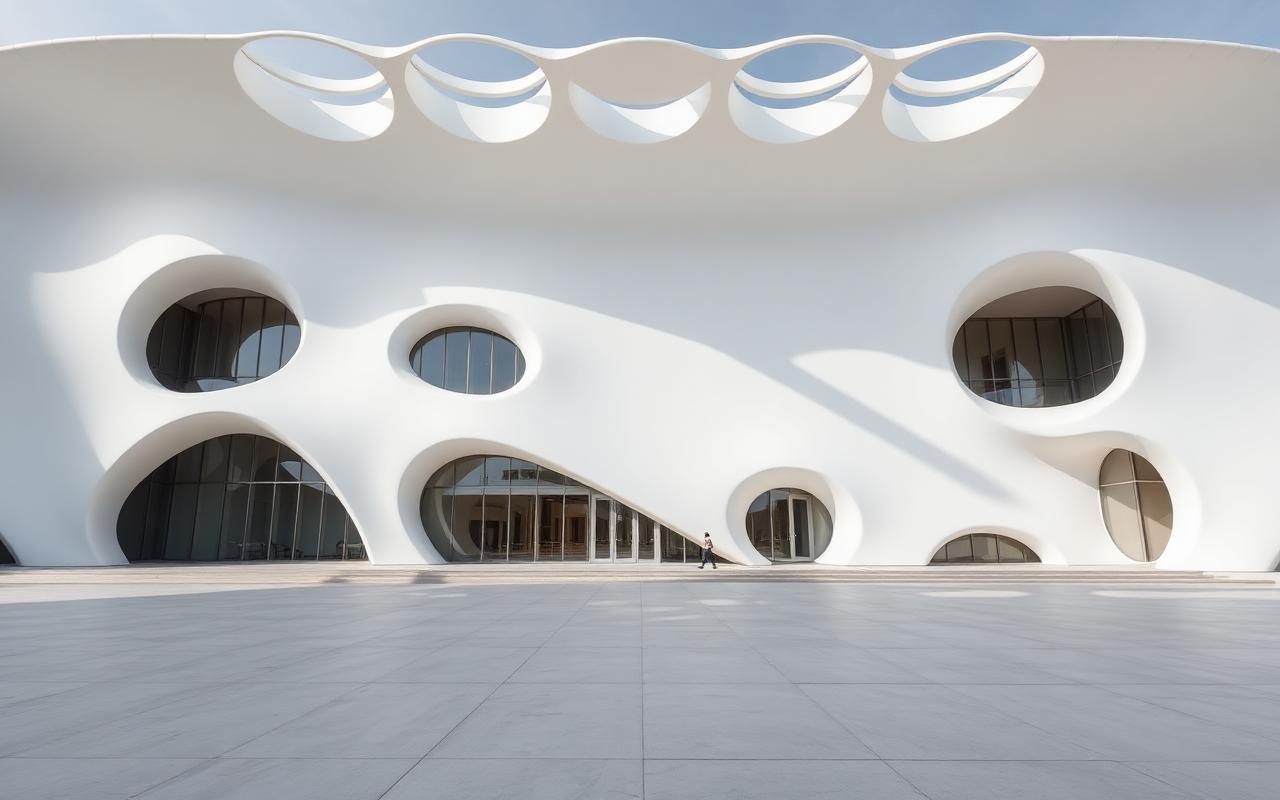 A parametric building facade with flowing organic white curves and oval skylights A parametric building facade with flowing organic white curves and oval skylights