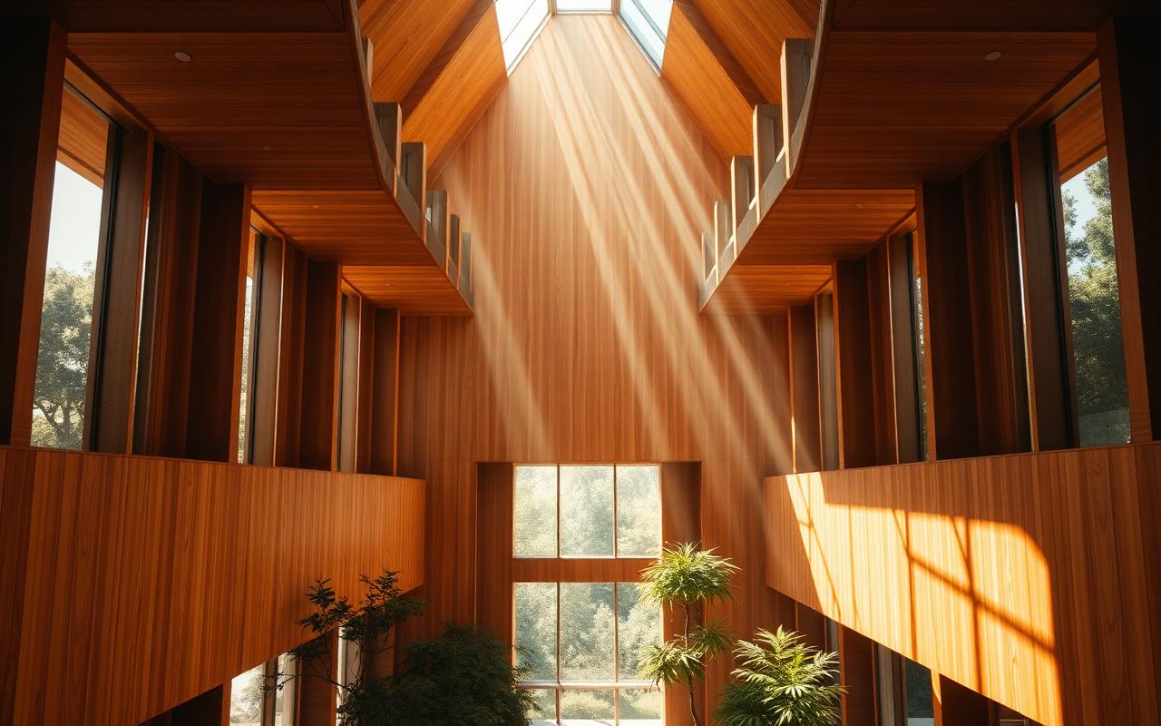 A sun-drenched modern atrium with warm wood and soft daylight beams through tall glass A sun-drenched modern atrium with warm wood and soft daylight beams through tall glass
