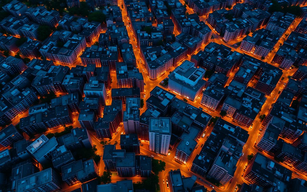 Aerial view of a dense city block at dusk with patterns of streets and rooftops glowing softly Aerial view of a dense city block at dusk with patterns of streets and rooftops glowing softly