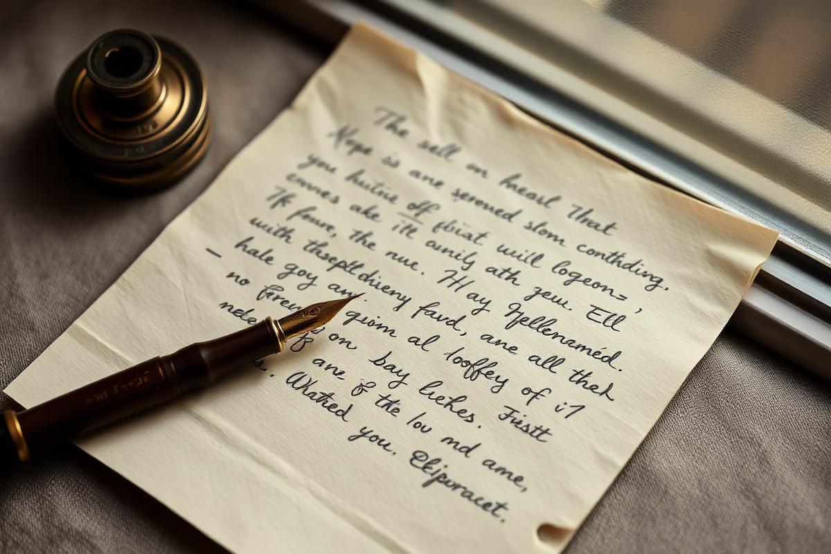 A handwritten letter on cream linen paper beside a vintage fountain pen in soft window light