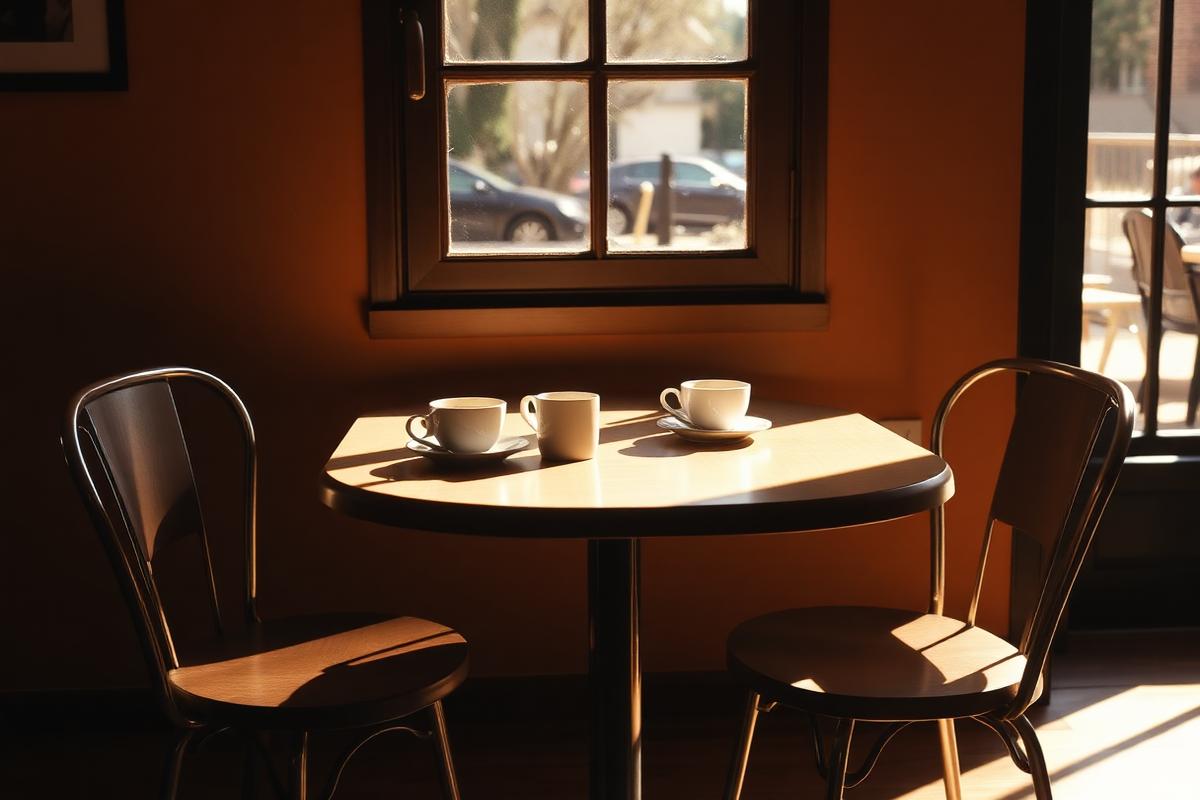 An empty cafe table with two cups of coffee and two empty chairs across from each other in warm morning sunlight