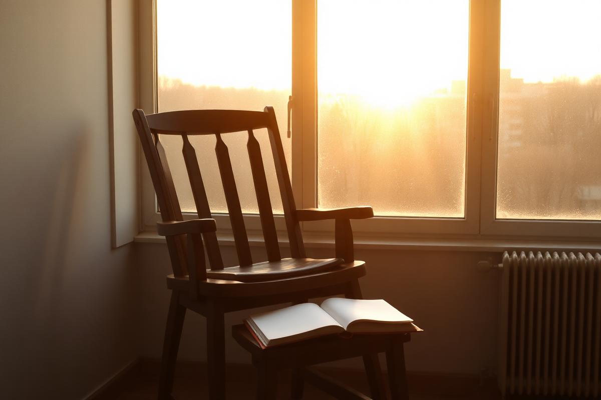 A single empty wooden armchair by a tall window with soft golden afternoon light and an open notebook resting on the seat