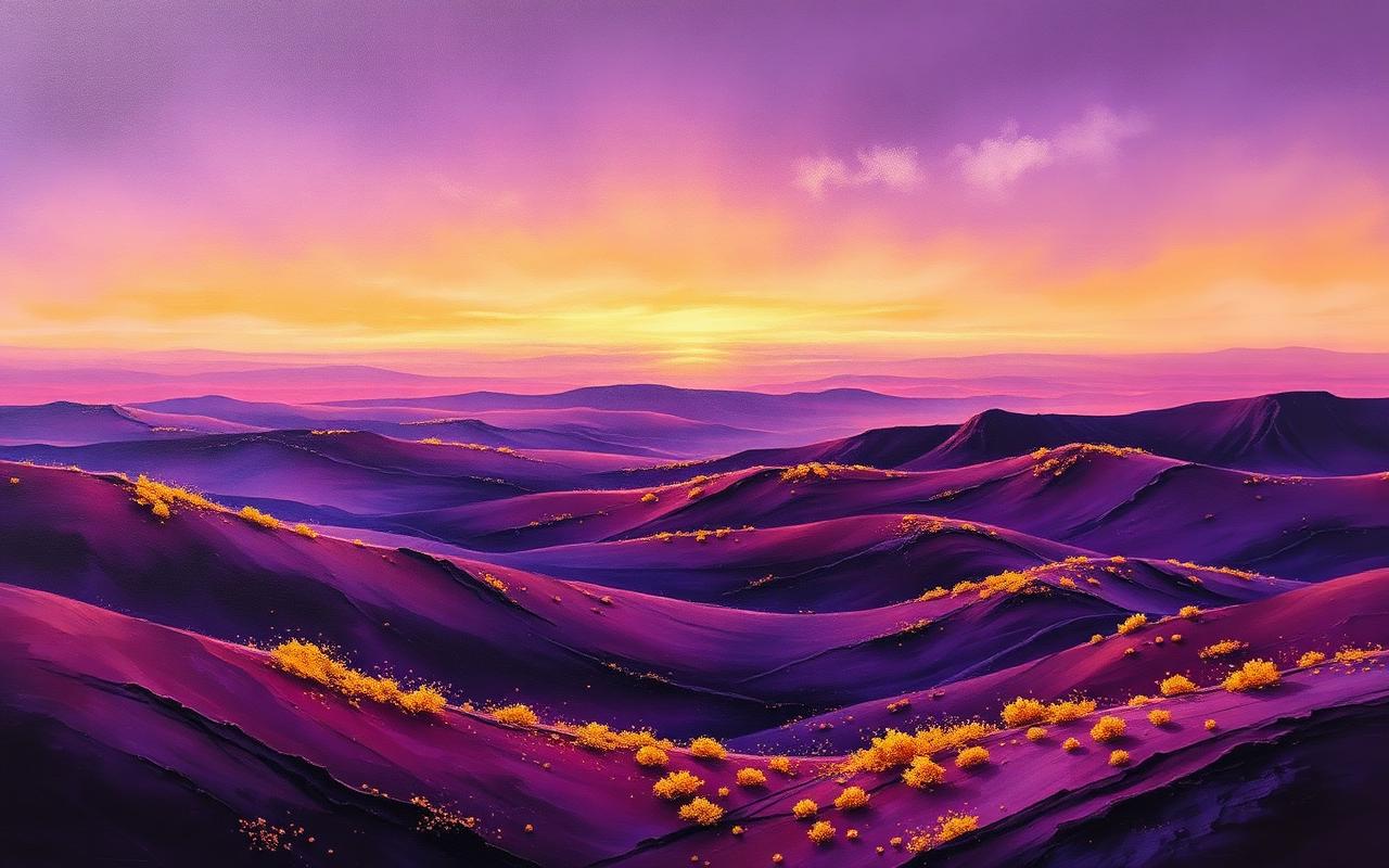 A dreamlike surreal landscape painting with melting horizons in deep purples and golds