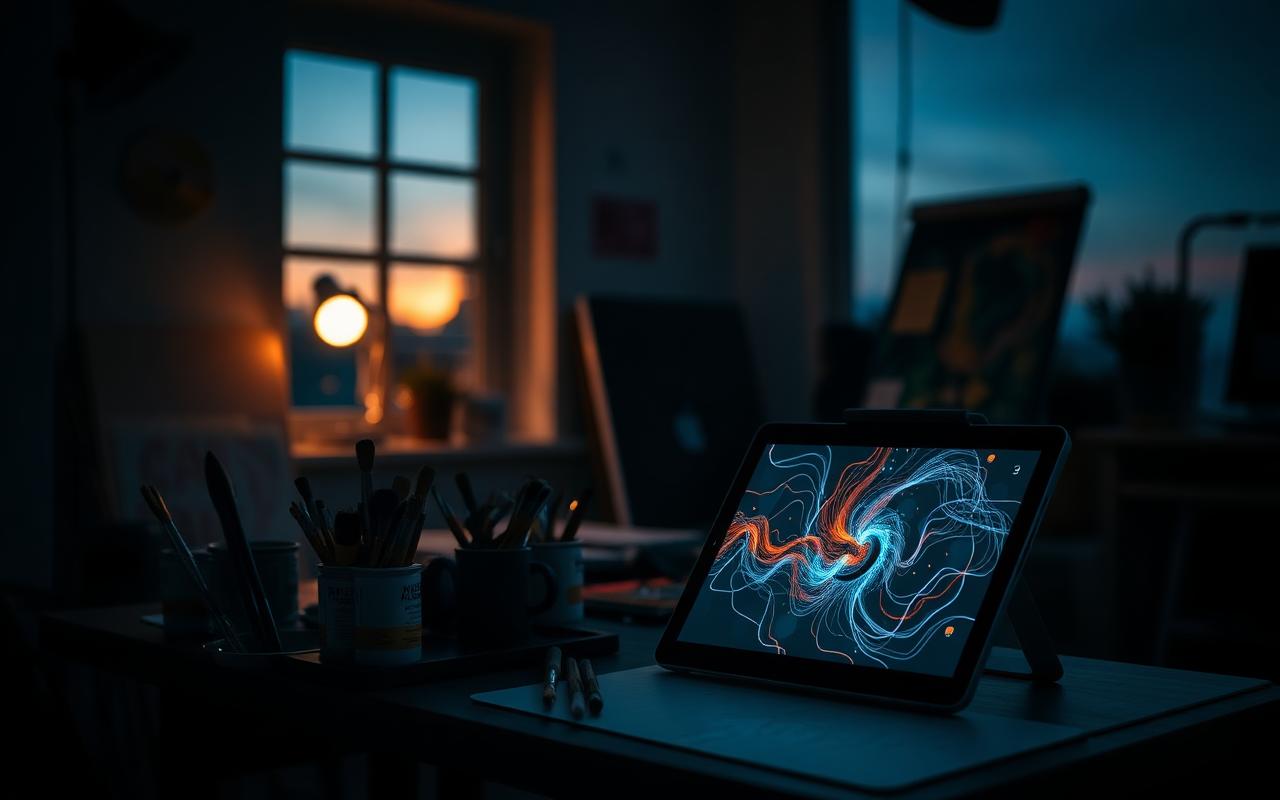 A quiet artist studio at dusk with paint tubes, brushes, and a glowing tablet showing generative art