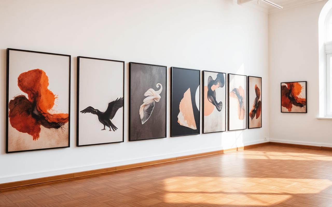 A wall of abstract digital prints in a minimalist contemporary gallery with soft daylight