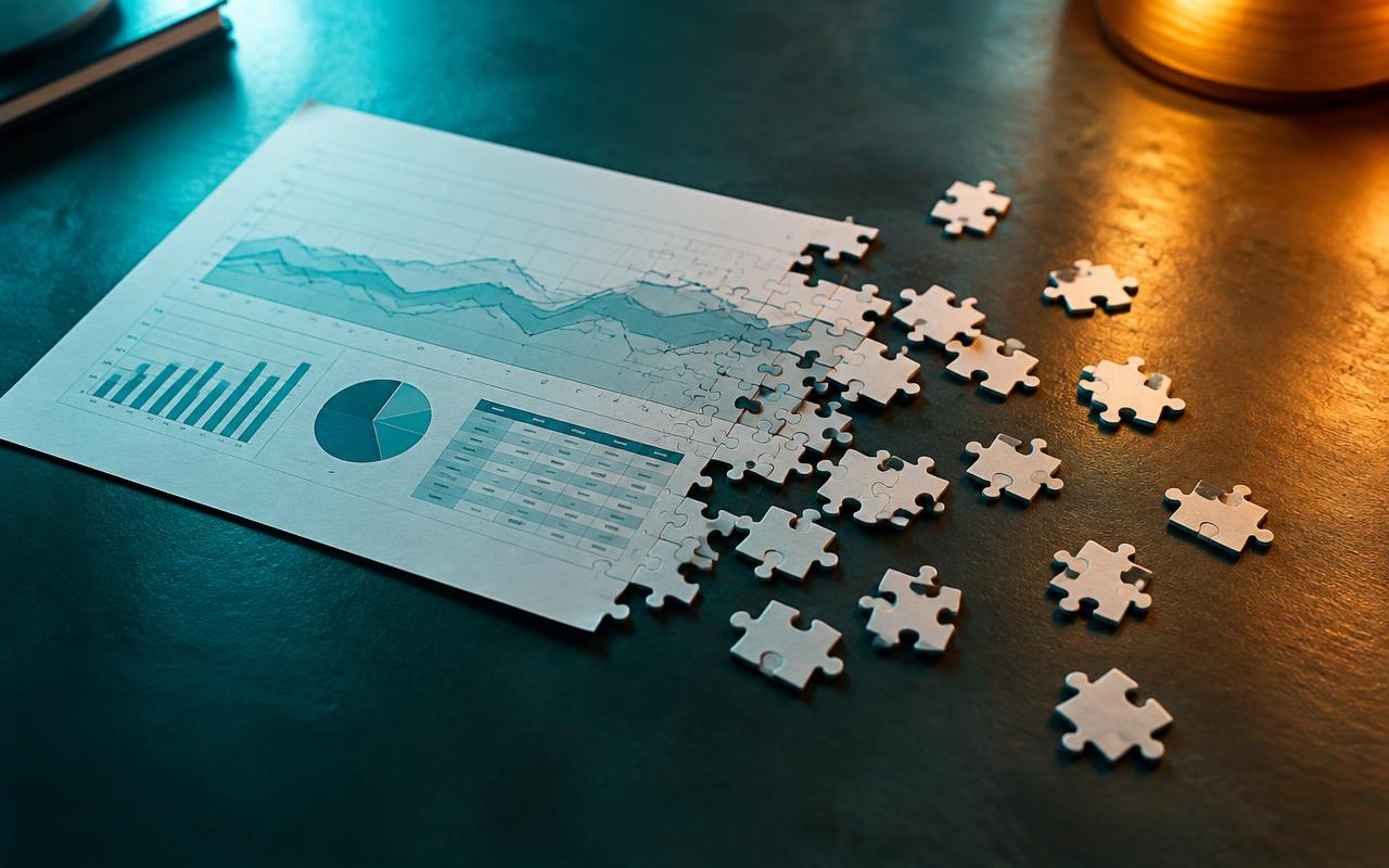 A polished chart breaking apart into loose puzzle pieces