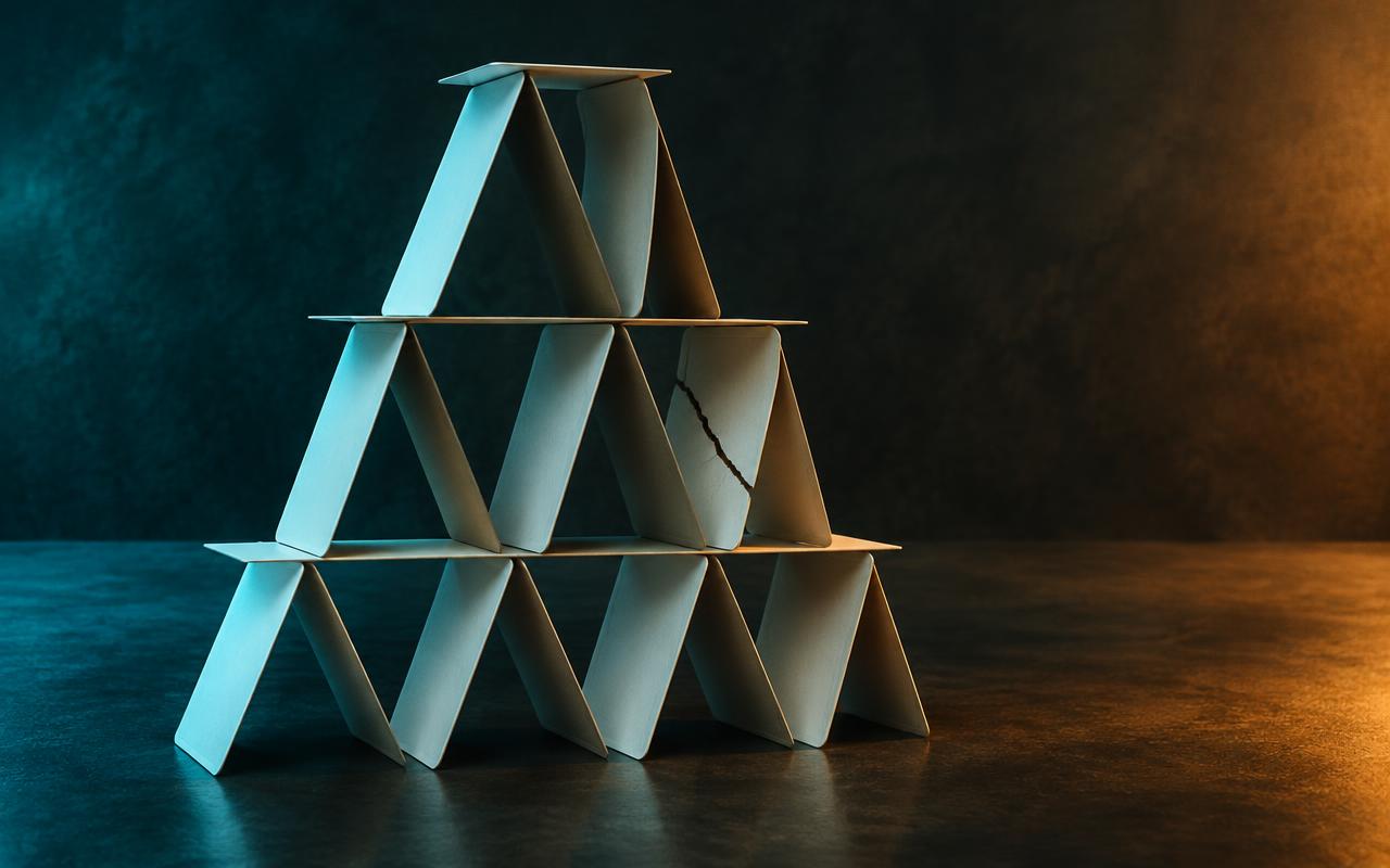 A fragile house of cards with one cracked card