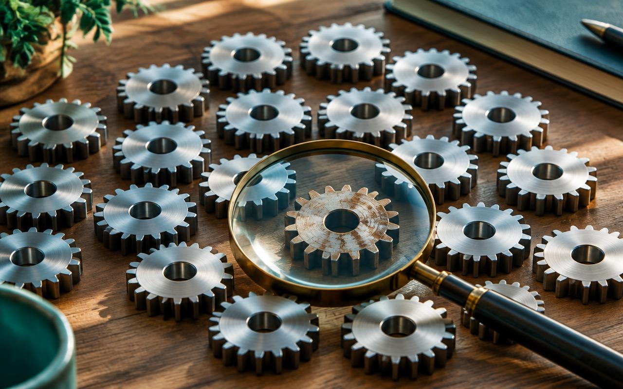A magnifying glass revealing one worn gear among polished gears