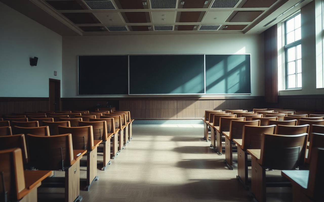 An empty lecture hall with a blackboard covered in half-erased notes lit by afternoon window light An empty lecture hall with a blackboard covered in half-erased notes lit by afternoon window light