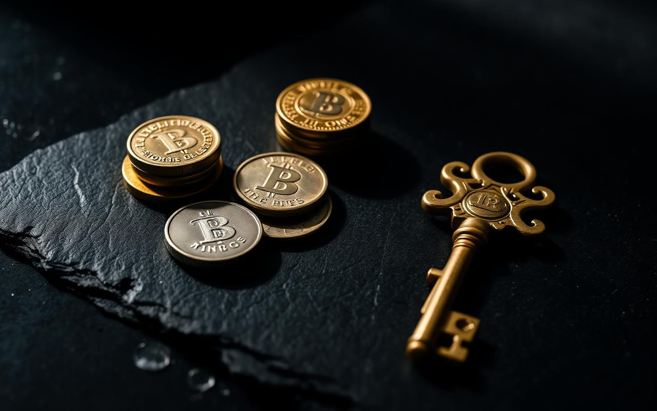 Old brass coins scattered across a dark wooden surface catching a low warm light Old brass coins scattered across a dark wooden surface catching a low warm light