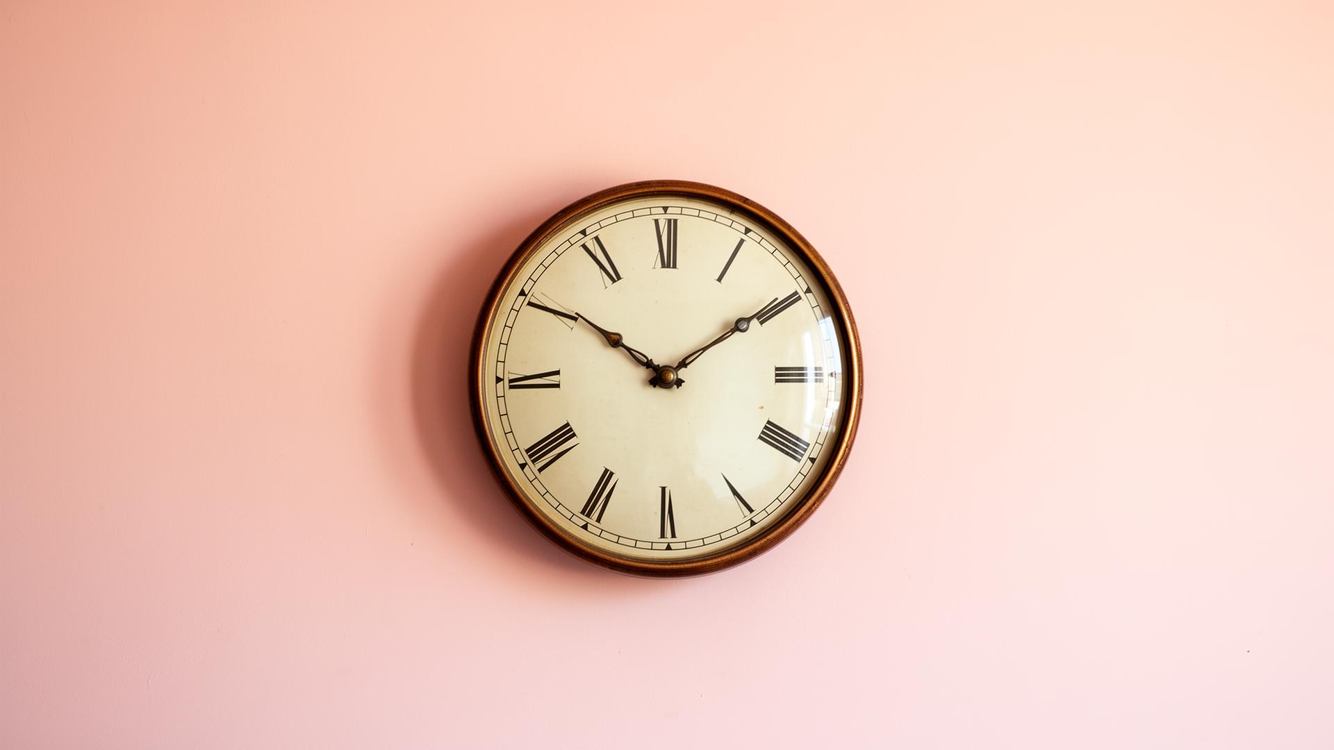 A vintage alarm clock next to a closed laptop on a wooden desk in warm light