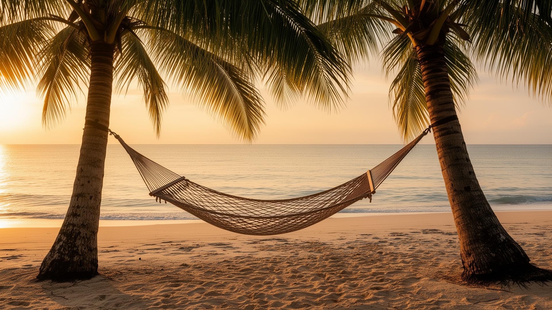 An empty hammock between two trees in a quiet garden at sunset, golden hour