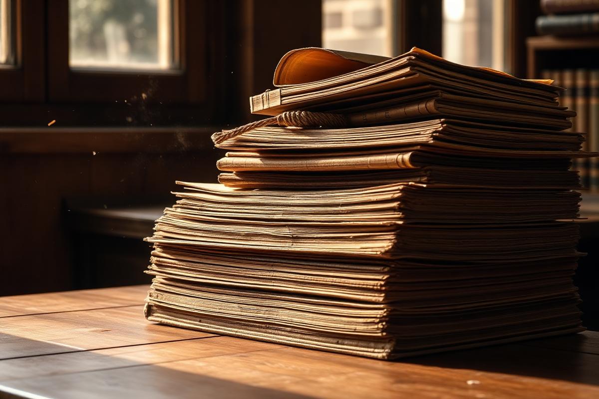 A tall stack of old weathered archive ledgers and folders on a wooden desk in warm window light with dust motes floating in the air
