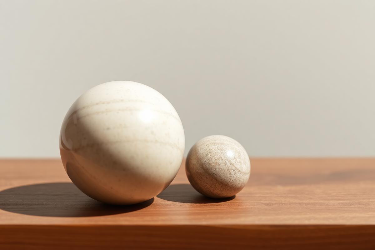 Two smooth polished stone spheres of very different sizes resting on a flat wooden surface in soft natural daylight