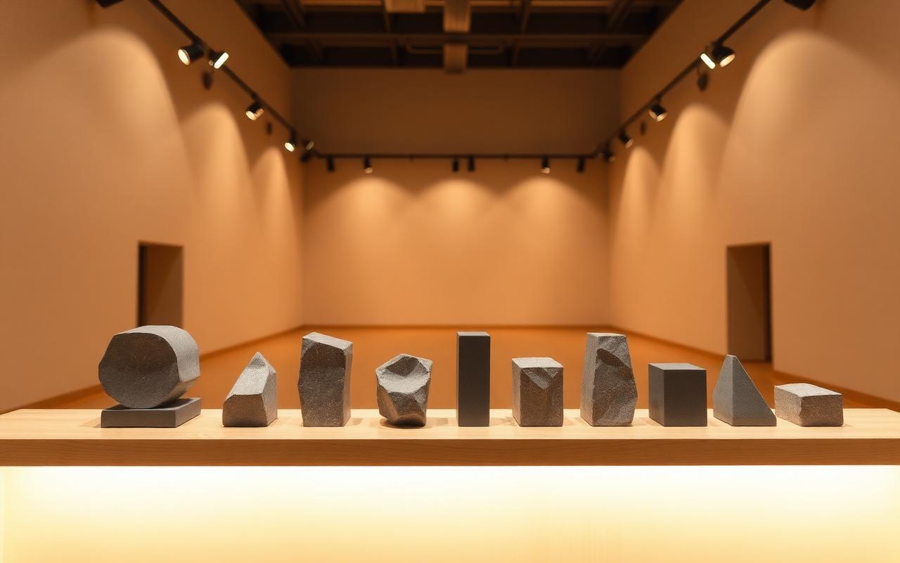 A row of small abstract stone sculptures arranged on a wooden gallery shelf in warm track lighting