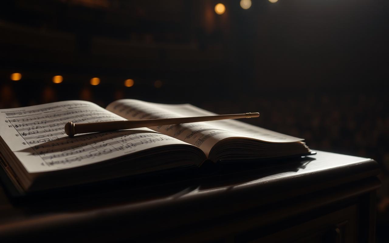 A single antique brass key resting on an open leather bound notebook in warm lamp light on a dark desk