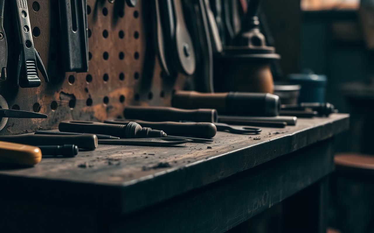 A worn set of professional hand tools laid out on a scarred workbench in low workshop light A worn set of professional hand tools laid out on a scarred workbench in low workshop light
