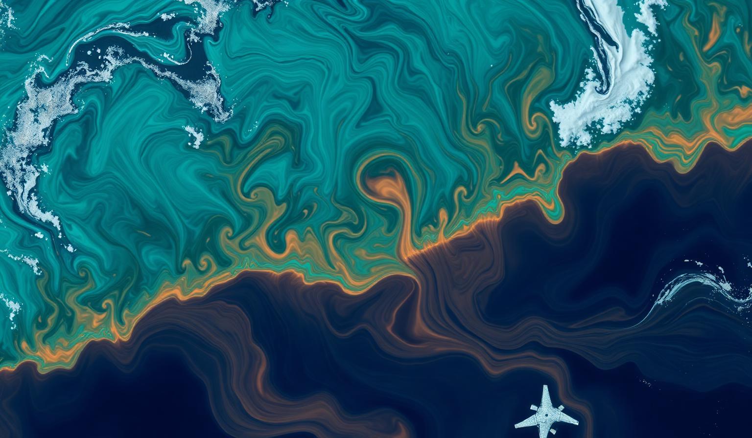 A satellite view of a coastline with weather patterns visualised as flowing colour gradients