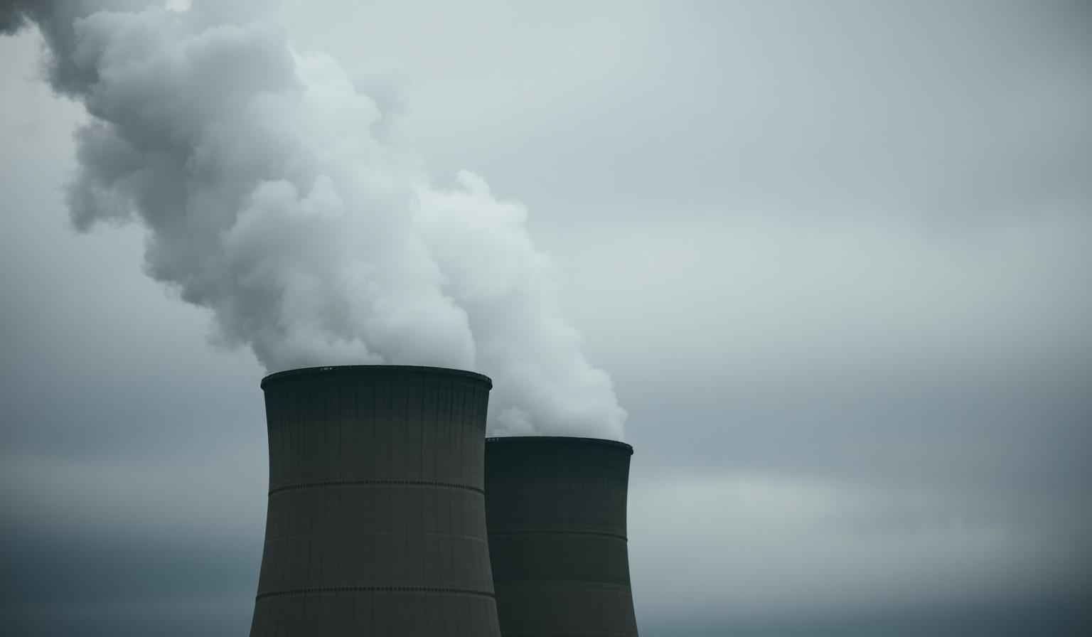 Industrial cooling towers releasing white vapour against an overcast sky