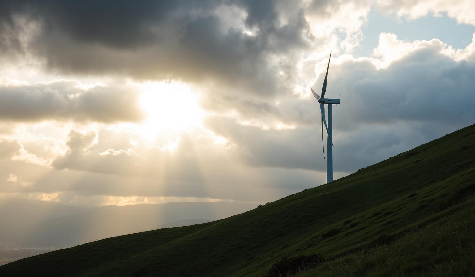 A lone wind turbine on a green ridge under dramatic clouds, sunlight breaking through
