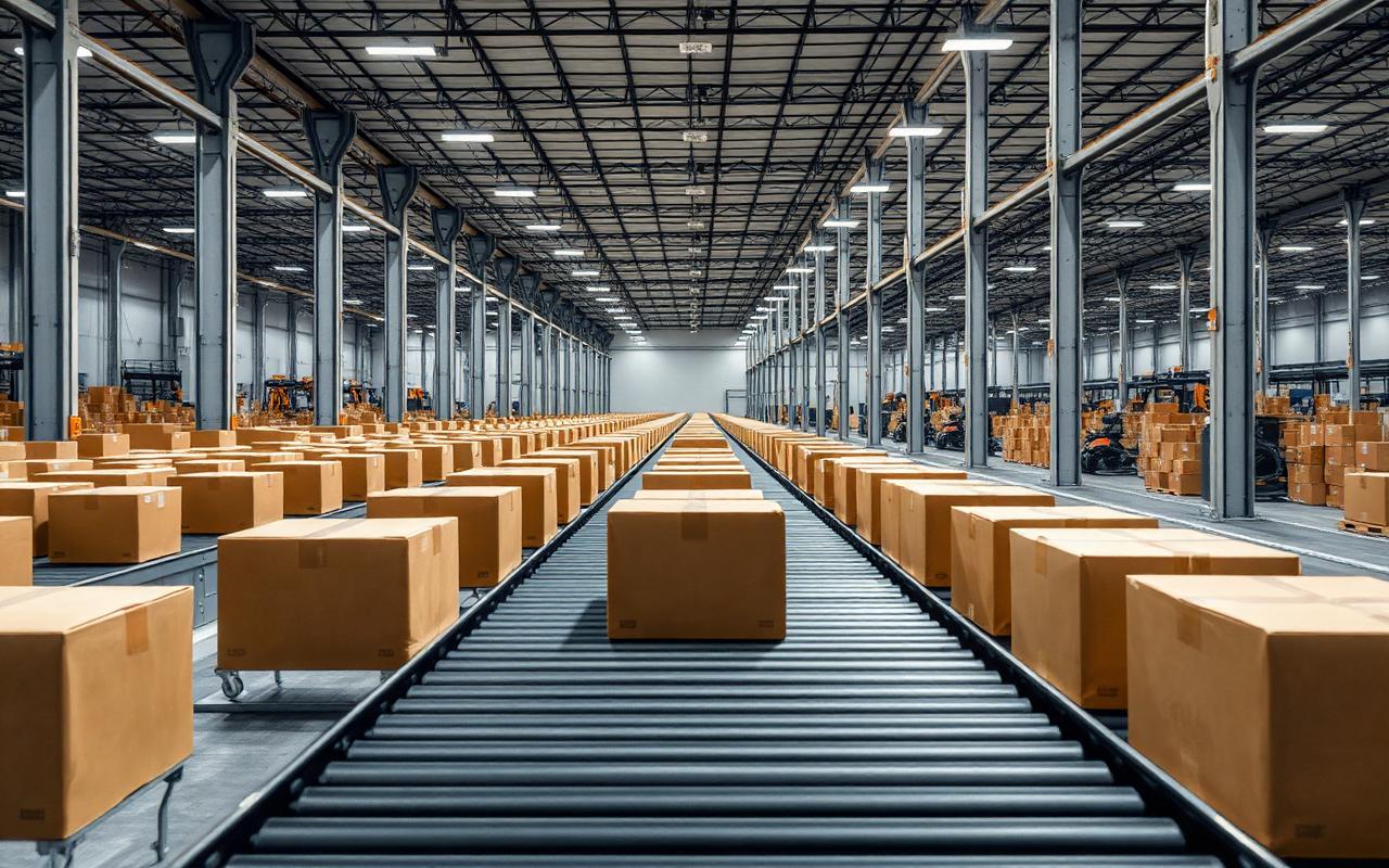 An empty industrial warehouse aisle at night with a long line of identical cardboard boxes on a conveyor belt