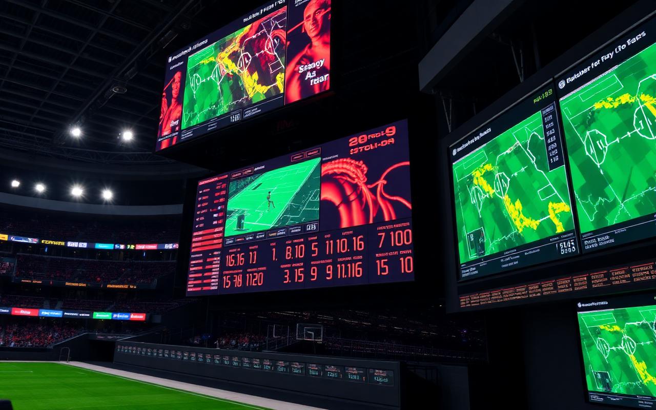 A close-up of stadium screens showing real-time player tracking heatmaps and statistics A close-up of stadium screens showing real-time player tracking heatmaps and statistics