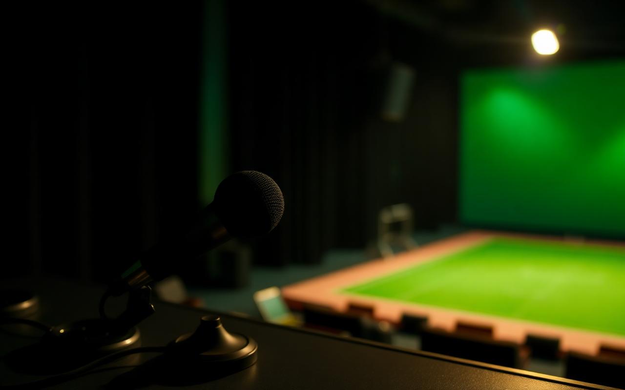 An empty broadcast microphone on a desk in a dark commentary box, soft warm spotlight, blurred green pitch behind An empty broadcast microphone on a desk in a dark commentary box, soft warm spotlight, blurred green pitch behind
