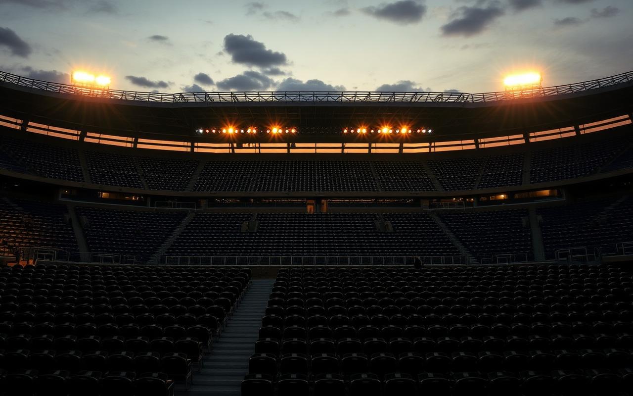 An empty stadium under floodlights at twilight with rows of empty seats catching warm light An empty stadium under floodlights at twilight with rows of empty seats catching warm light