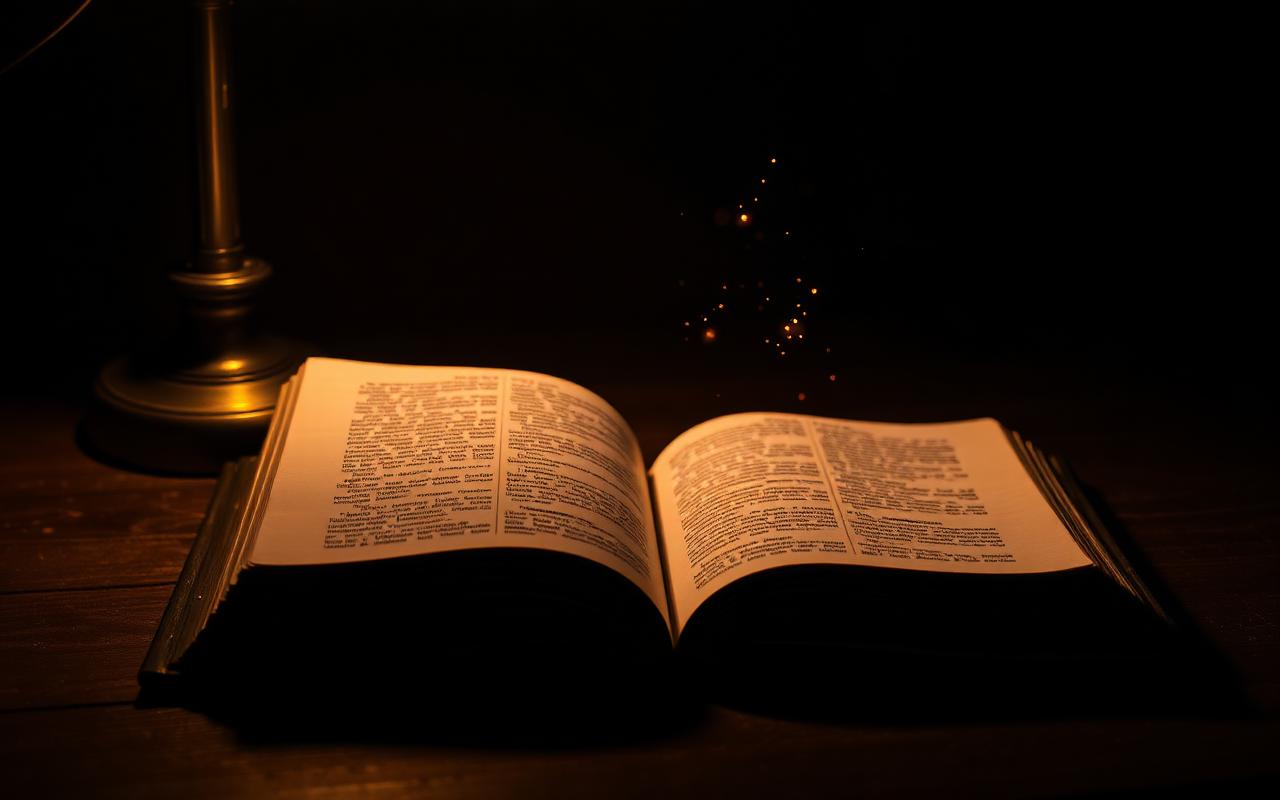 An open old philosophy book on a dark wooden table with warm lamp light and soft glowing particles rising from the pages An open old philosophy book on a dark wooden table with warm lamp light and soft glowing particles rising from the pages