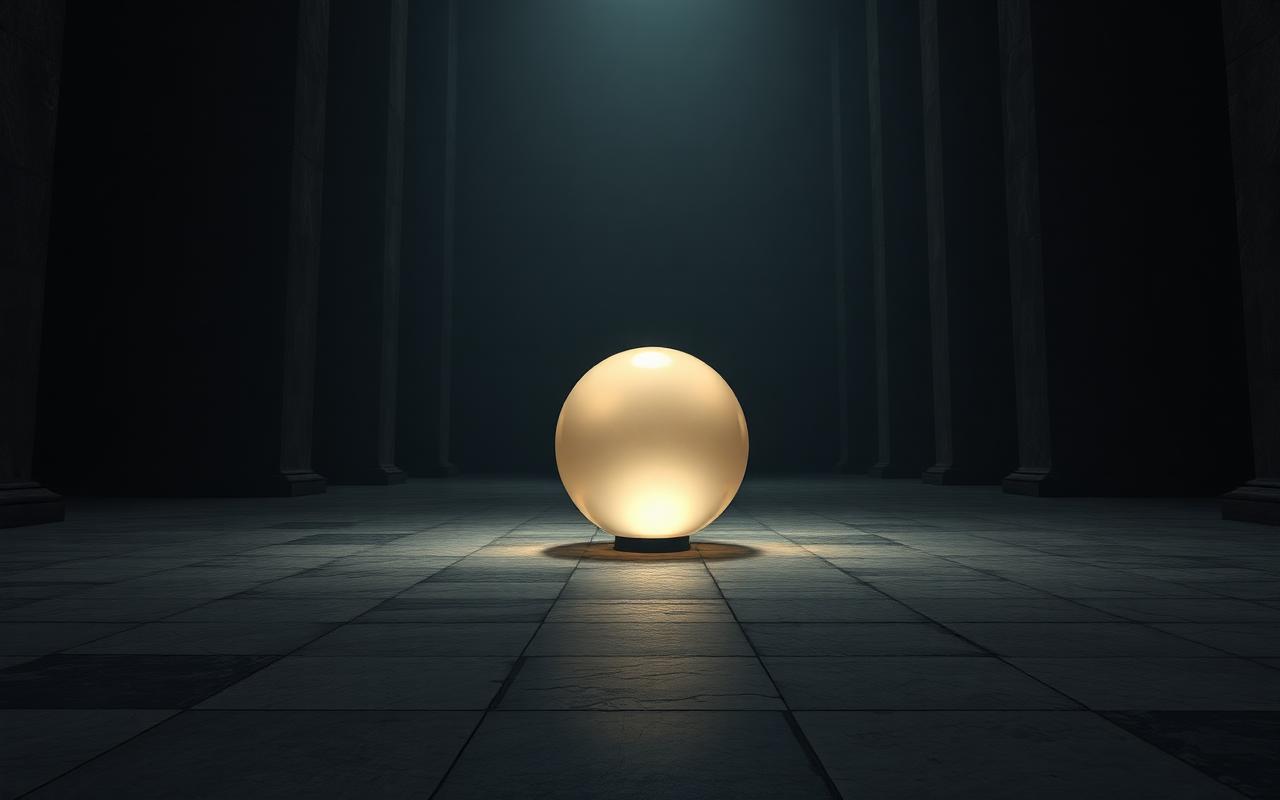 A single softly glowing translucent sphere on a stone surface in a vast dark cathedral-like space, philosophical still life A single softly glowing translucent sphere on a stone surface in a vast dark cathedral-like space, philosophical still life
