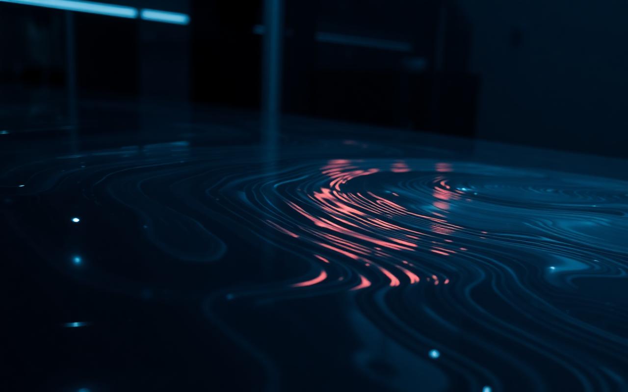 A polished glass surface reflecting a city skyline with abstract distortion