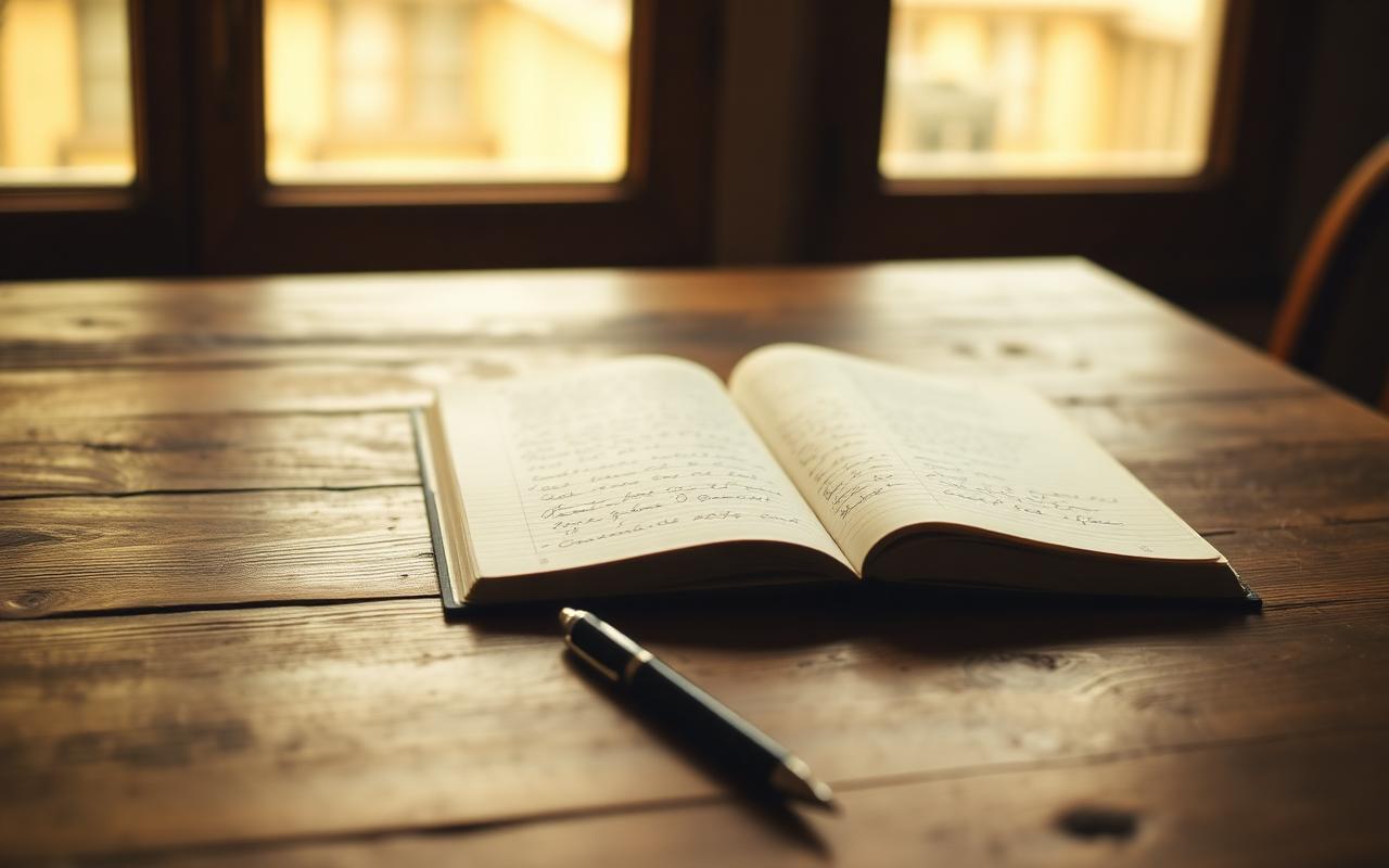 A handwritten notebook page with ink marks and rough edits in soft natural light