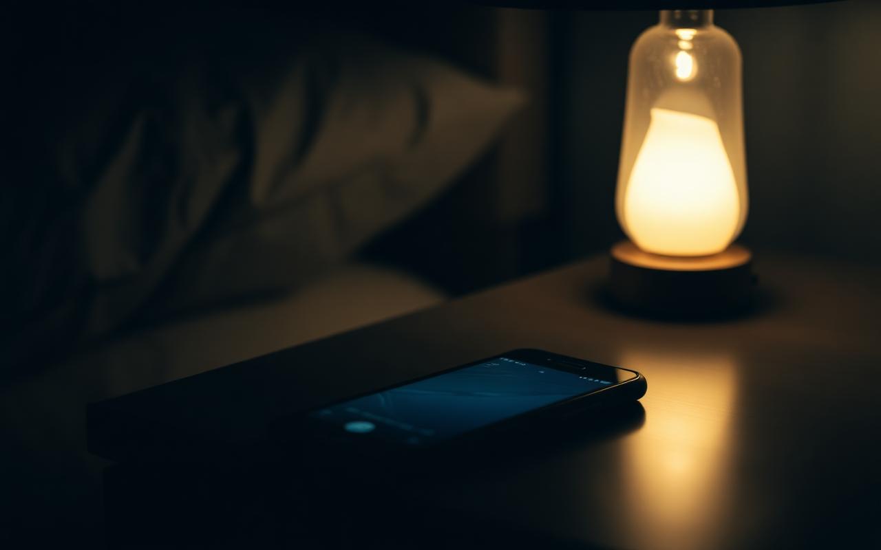 A softly lit phone screen glowing on a bedside table at night with a calm conversation interface