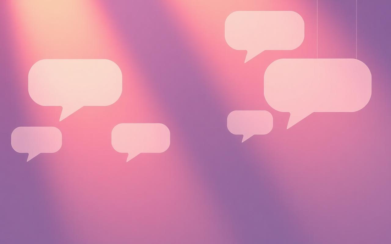 An abstract image of overlapping translucent chat bubbles in soft pastel tones suggesting endless conversation