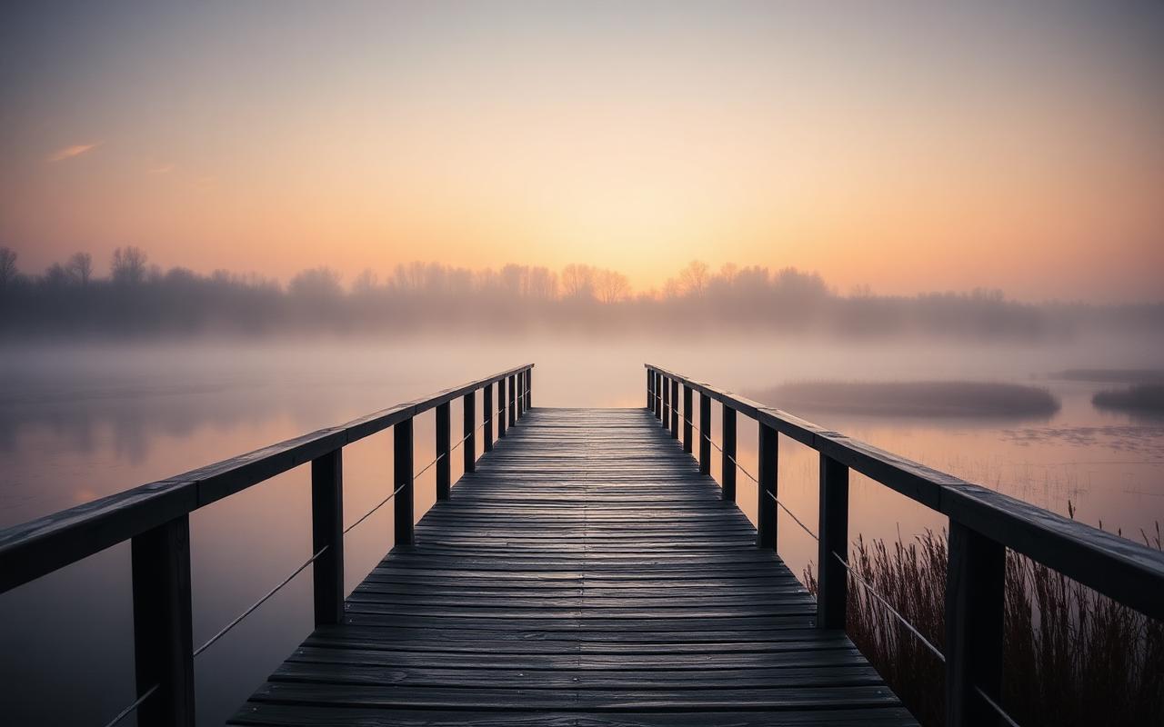 A simple wooden footbridge across a calm stream at golden hour with soft mist rising