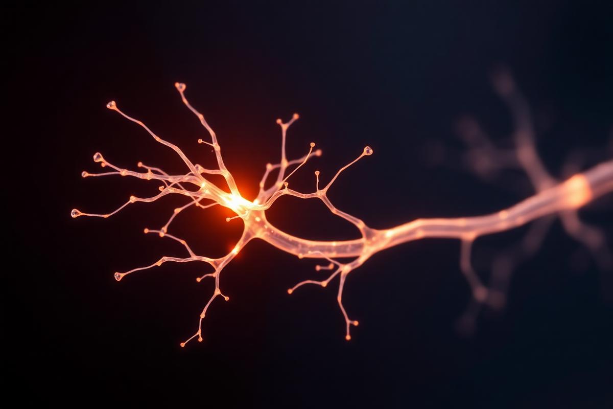 Macro photograph of a glowing single neuron-like structure with delicate branching tendrils against a dark background