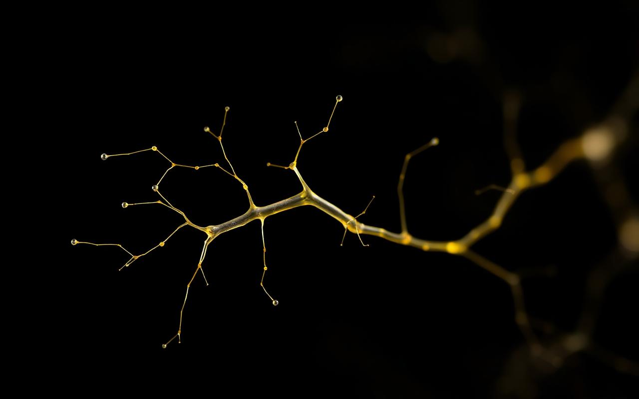 Macro photograph of a glowing single neuron-like structure with delicate branching tendrils against a dark background Macro photograph of a glowing single neuron-like structure with delicate branching tendrils against a dark background
