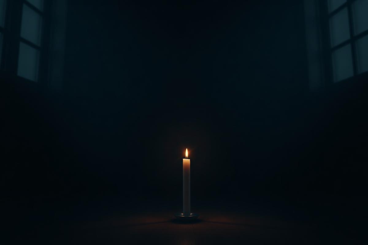 A single candle flame burning in a vast dark room with soft golden glow casting a small pool of light