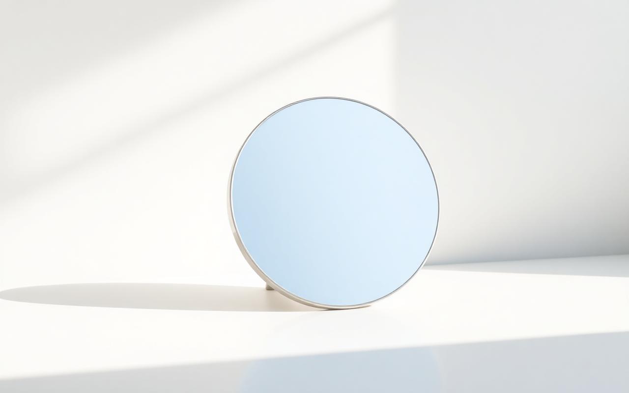 A polished round mirror leaning on a clean light surface in soft natural daylight reflecting only sky and gradient light A polished round mirror leaning on a clean light surface in soft natural daylight reflecting only sky and gradient light