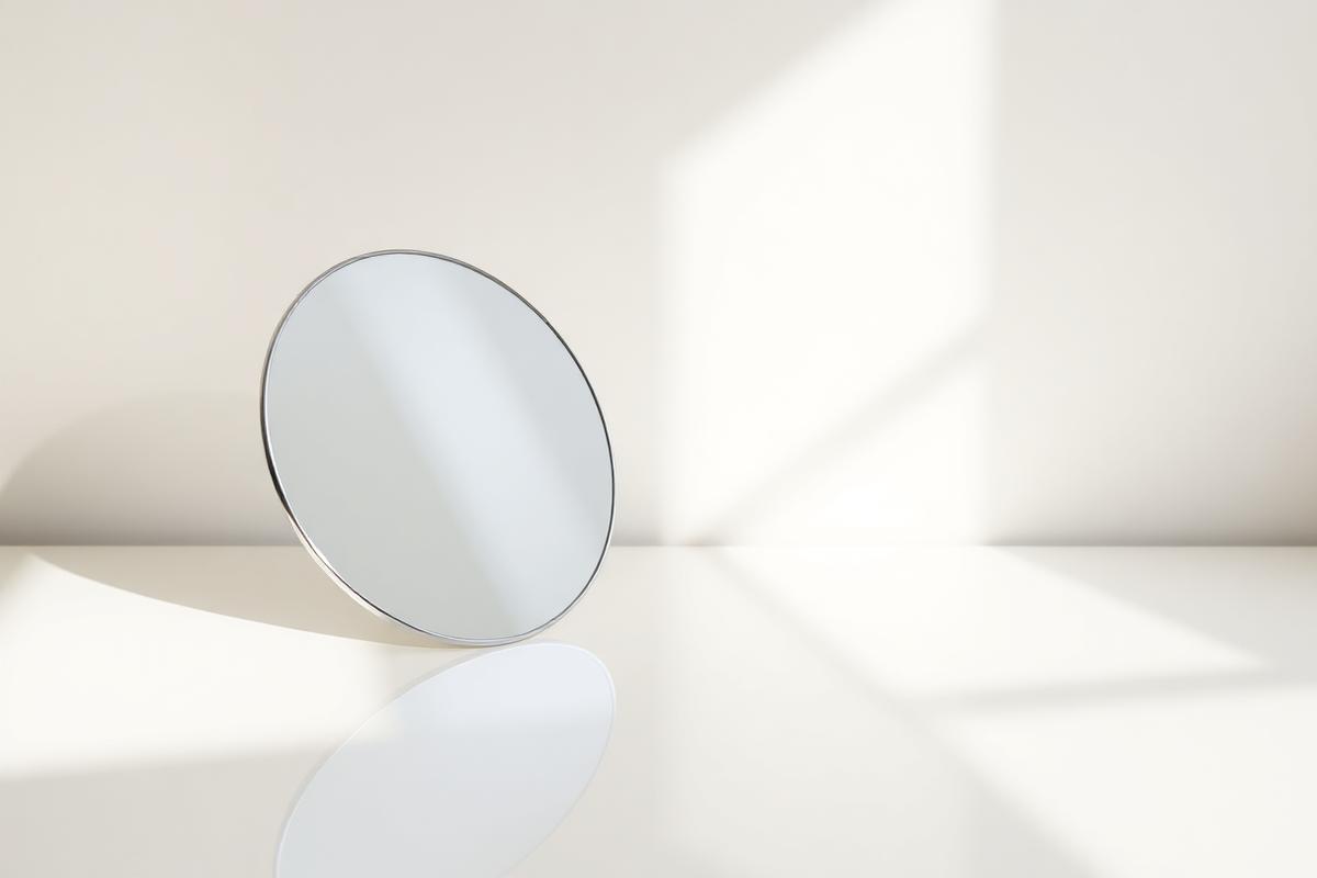 A polished round mirror leaning on a clean light surface in soft natural daylight reflecting only sky and gradient light