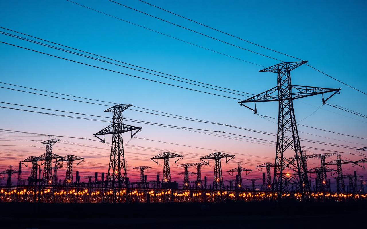 A power grid substation at twilight with glowing transmission lines, abstract editorial photo